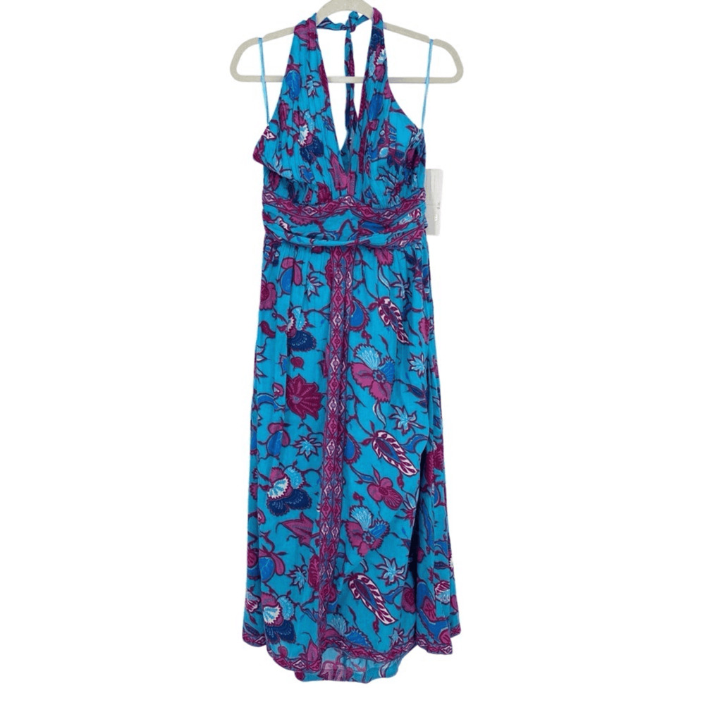 Caroline Constas Halter Fit Flare Smocked Maxi Dress XL Turquoise Gauze Cotton - Picture 3 of 16